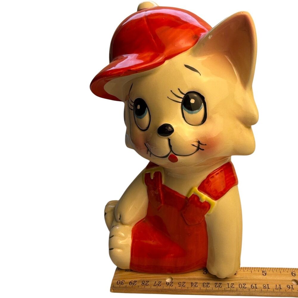 Cat Kitty Japan Coin Piggy Bank Vintage Ceramic Baseball Cap and Overalls 8in - Picture 7 of 11